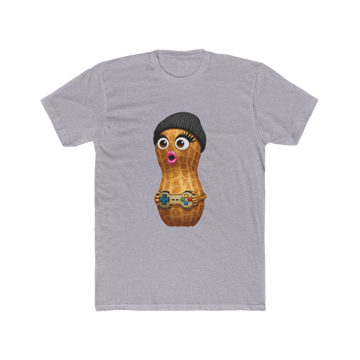 Black t-shirt with a cartoon peanut character wearing a beanie and holding a game controller. The peanut has large eyes and a surprised expression. Text on the shirt reads "Uhm.. Excuse Me?!"