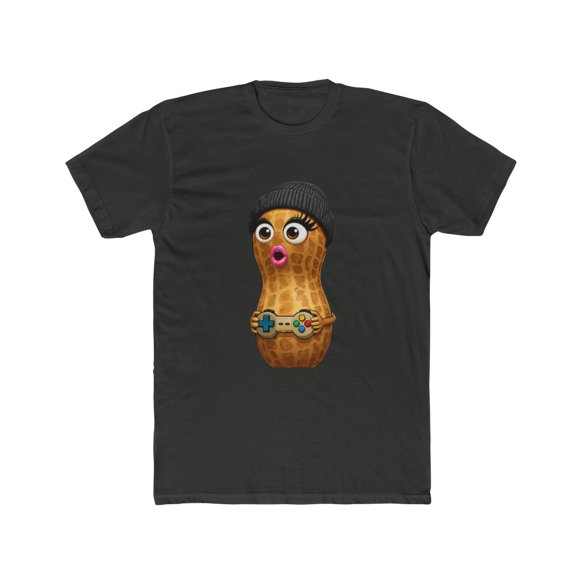 Black t-shirt with a cartoon peanut character wearing a beanie and holding a game controller. The peanut has large eyes and a surprised expression. Text on the shirt reads "Uhm.. Excuse Me?!"