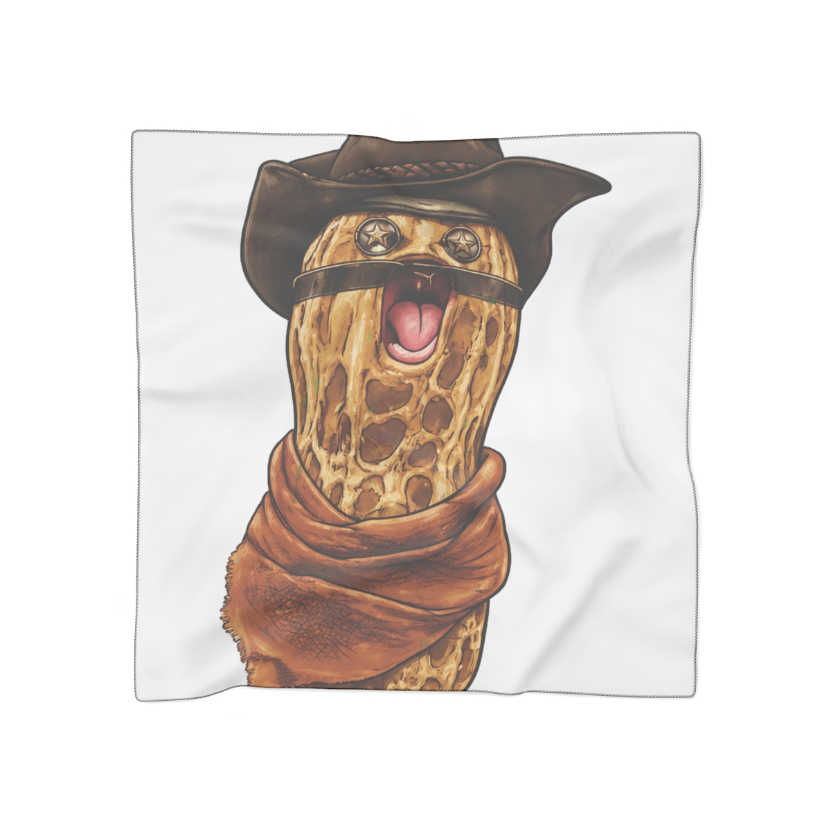 Pale blue baseball cap with an design of a peanut wearing a cowboy hat and scarf. The cap has a curved peak and an adjustable strap. The design is in shades of brown and tan