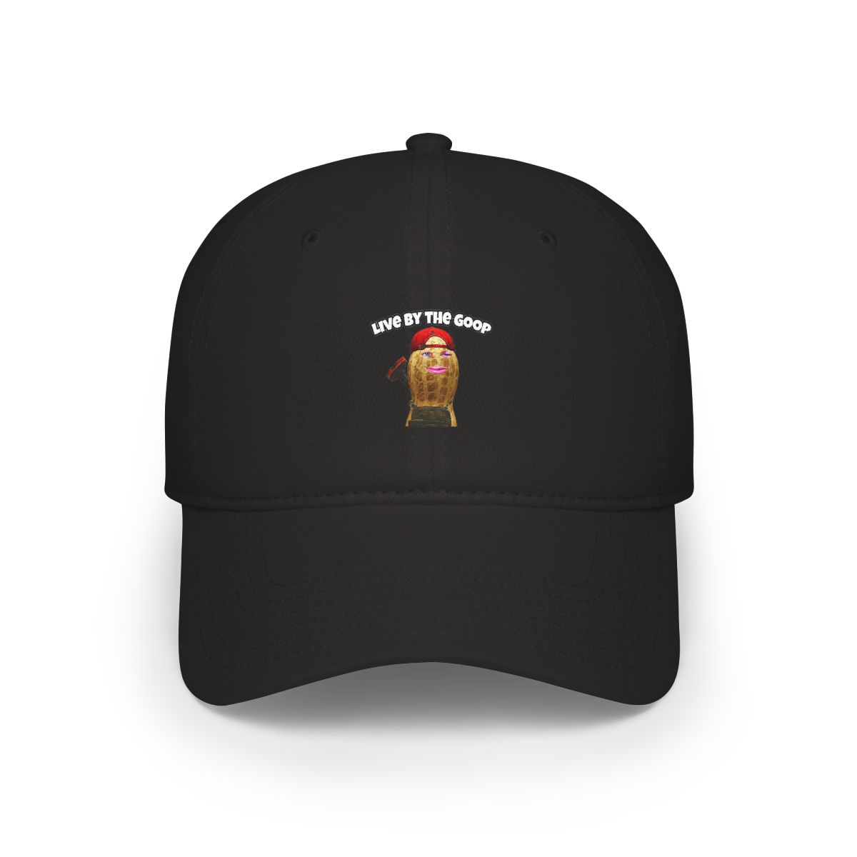 Black t-shirt with the text "Live by the Goop, Die by the Goop" in white. The shirt features a graphic of a peanut with a face, wearing a red cap