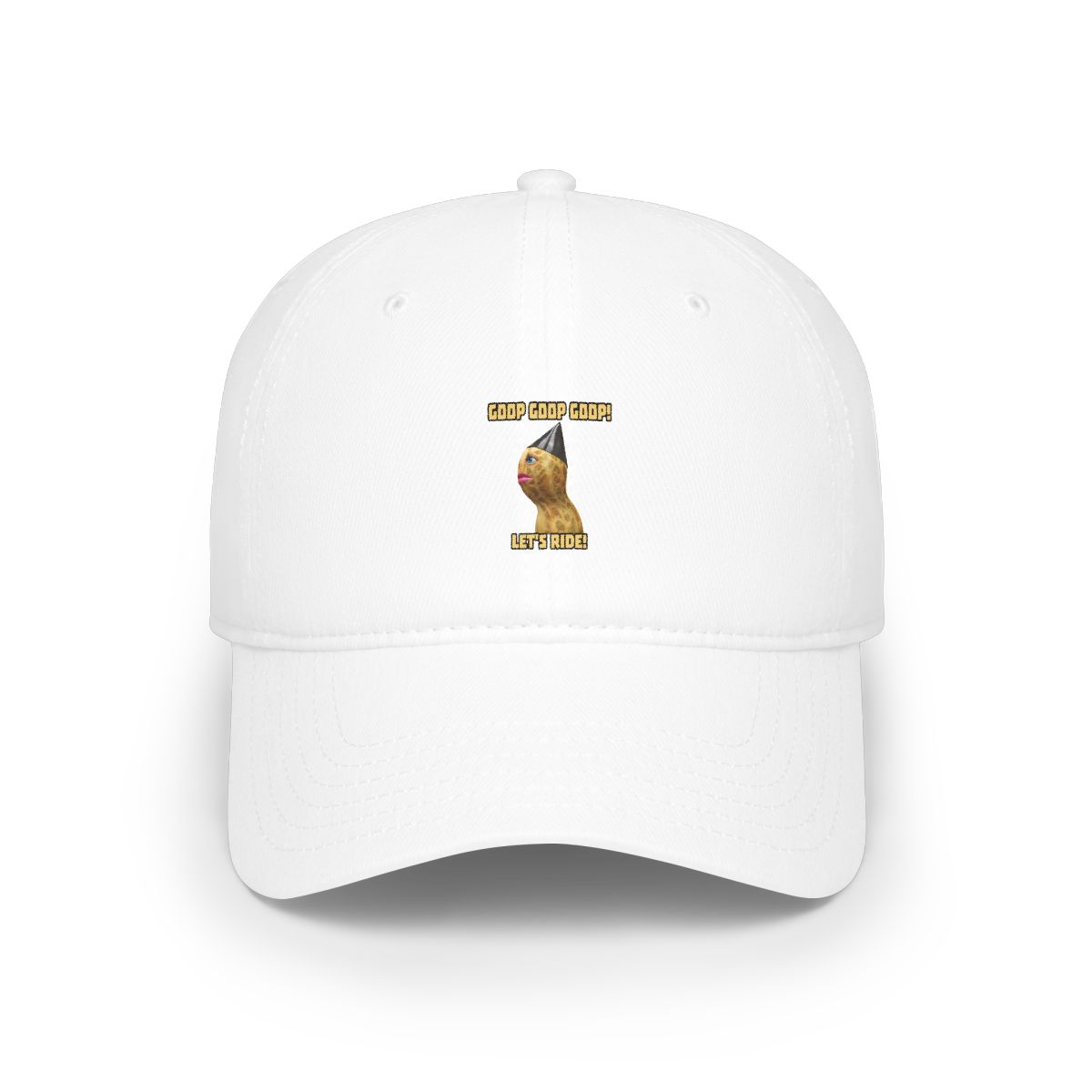 Black t-shirt with a peanut character wearing a hat. The shirt has the text "GOOP GOOP GOOP!" above the peanut and "LET'S RIDE!" below it