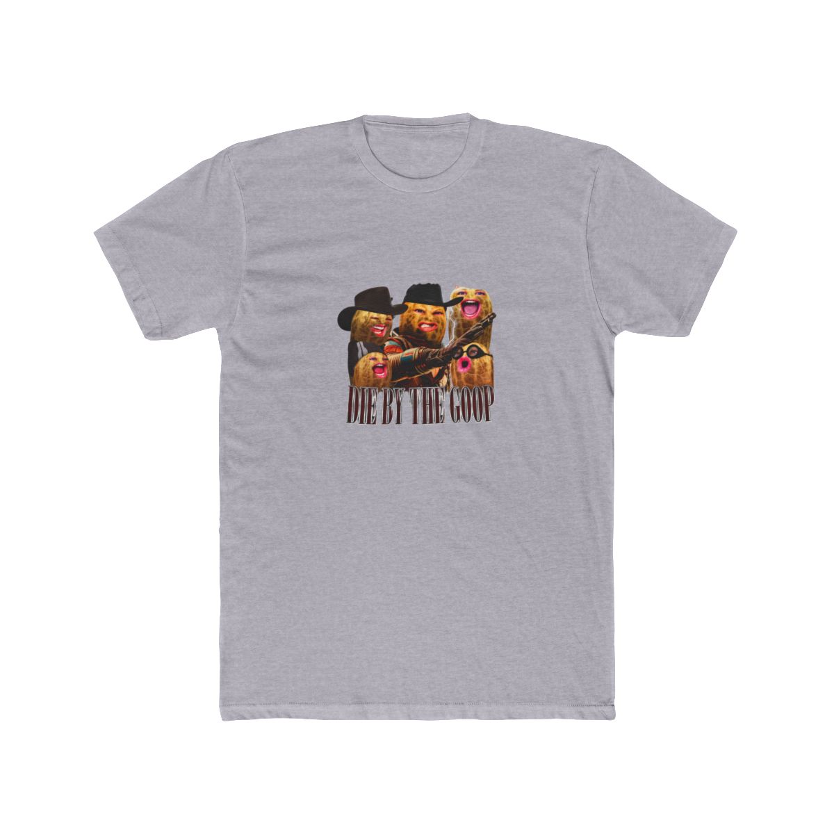 Black T Shirt with a humorous graphic. The design features the text "LIVE BY THE GOOP" and "DIE BY THE GOOP", alongside several anthropomorphic peanuts with different expressions and accessories,...