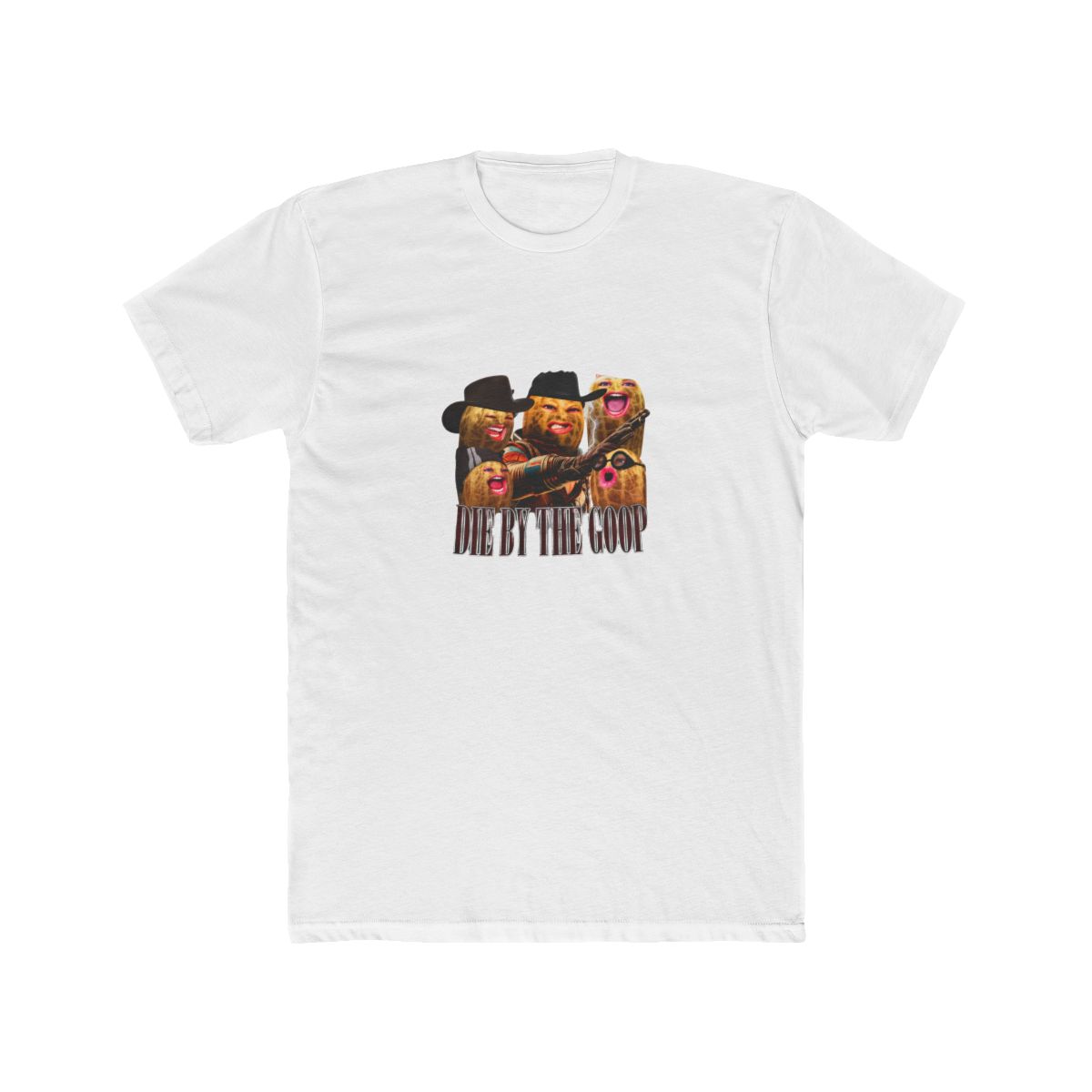 Black T Shirt with a humorous graphic. The design features the text "LIVE BY THE GOOP" and "DIE BY THE GOOP", alongside several anthropomorphic peanuts with different expressions and accessories,...