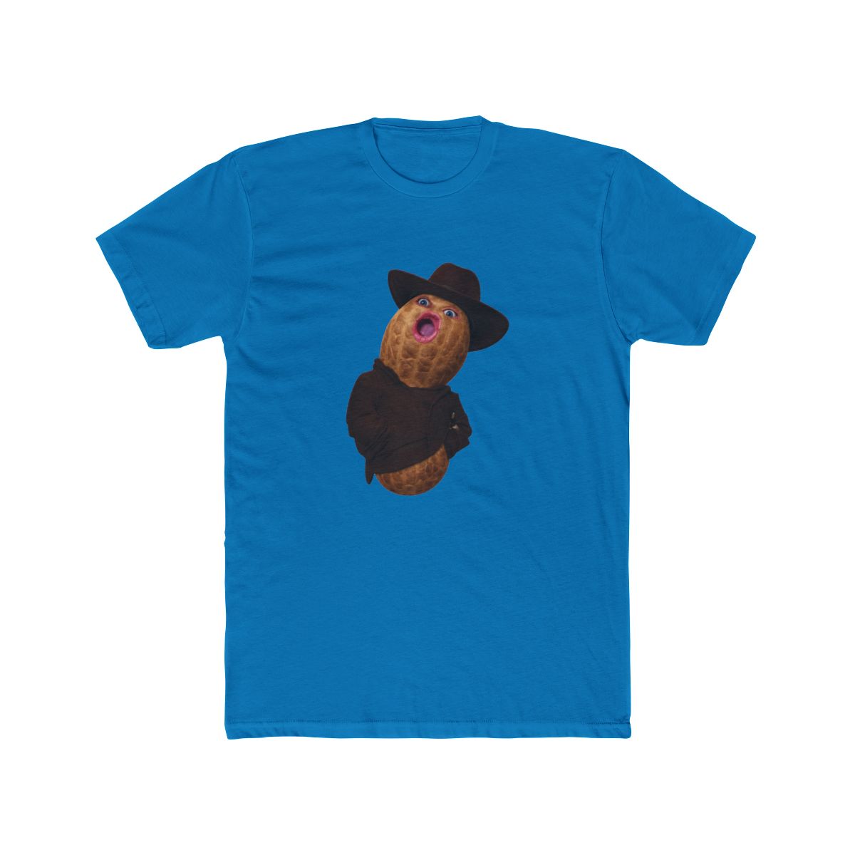 White T Shirt with a comical graphic of a peanut dressed in a cowboy hat and brown jacket. The peanut has a surprised expression with its mouth open. The design is centered on the front of the shirt