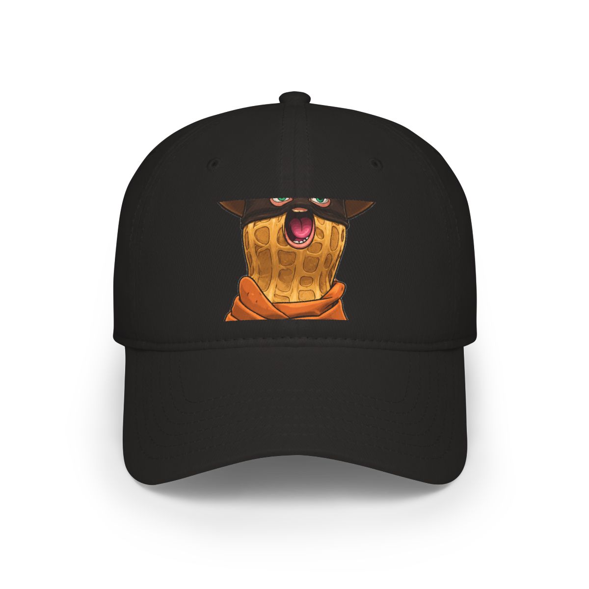 Off-white t-shirt with a cartoon peanut wearing a cowboy hat, eye mask, and scarf. The peanut has an open mouth. The word "GOOP" is printed repeatedly around the peanut
