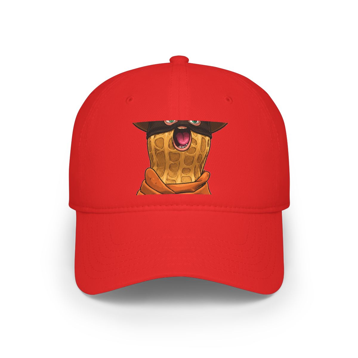 Off-white t-shirt with a cartoon peanut wearing a cowboy hat, eye mask, and scarf. The peanut has an open mouth. The word "GOOP" is printed repeatedly around the peanut