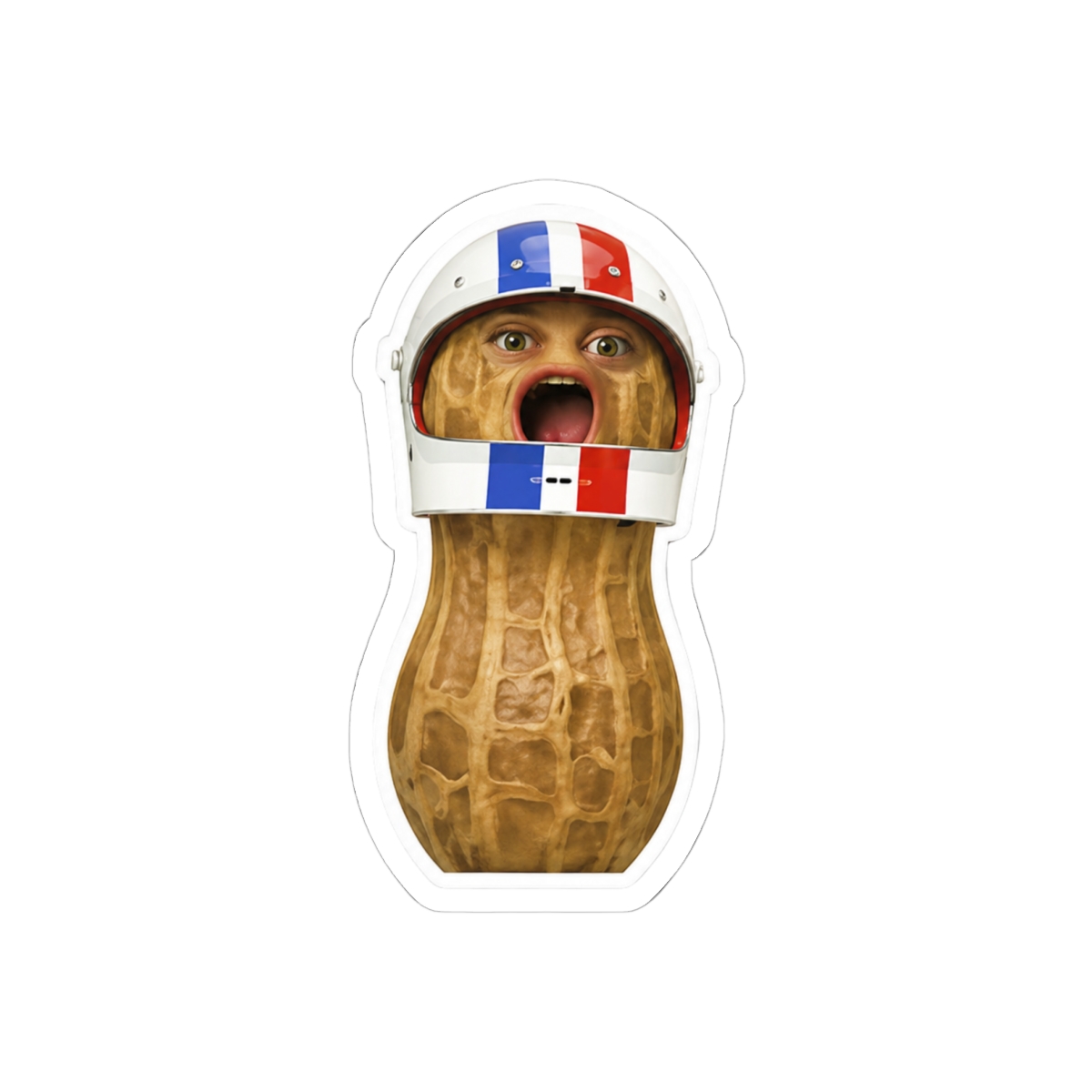 A glossy vinyl sticker depicting a peanut with a surprised expression, wearing a white helmet with red and blue stripes. The sticker is held by a hand, with a laptop and trainers in the background