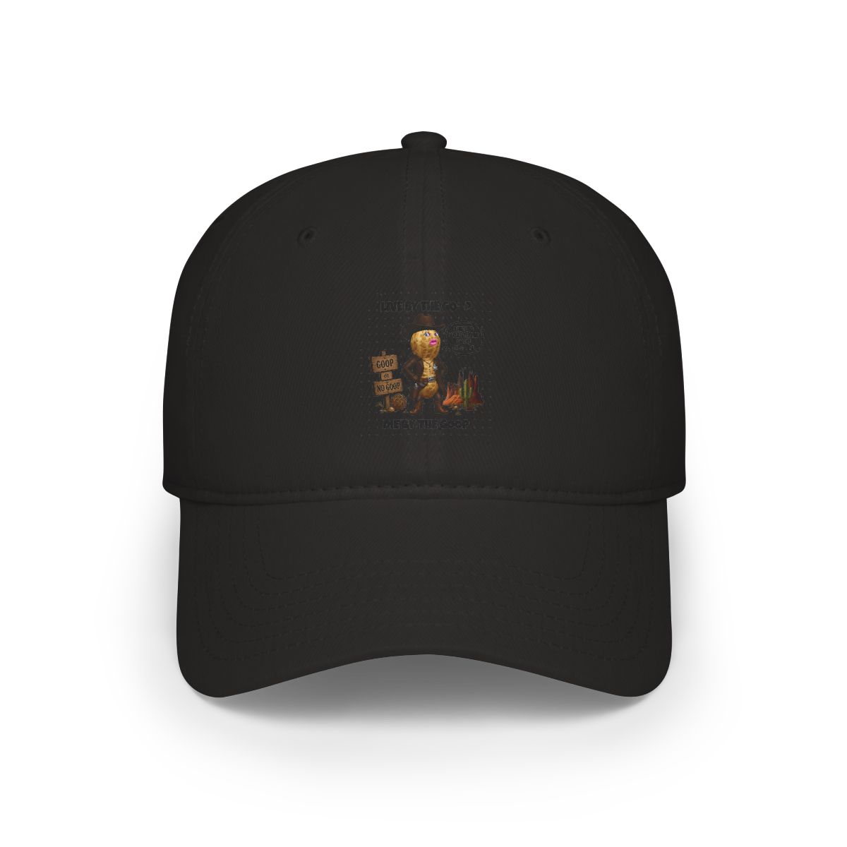 A humorous image of a peanut person wearing a cowboy hat and jacket, with large pink lips and blue eyes. The text reads "LIVE BY THE GOOP" and "DIE BY THE GOOP" in bold, black lettering, set against a...