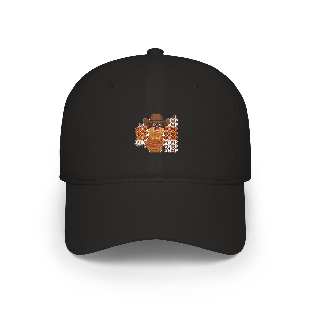 Black t-shirt with a cartoon peanut character dressed as a cowboy, wearing a hat, eye mask, and scarf. The word "GOOP" is repeated around the peanut. A humorous and playful design
