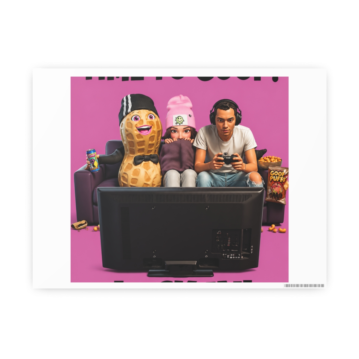 A pink canvas print with the text "TIME TO GOOP!LOCK IN!" at the bottom. The image features a cartoon peanut, two people, and a TV, suggesting a gaming theme