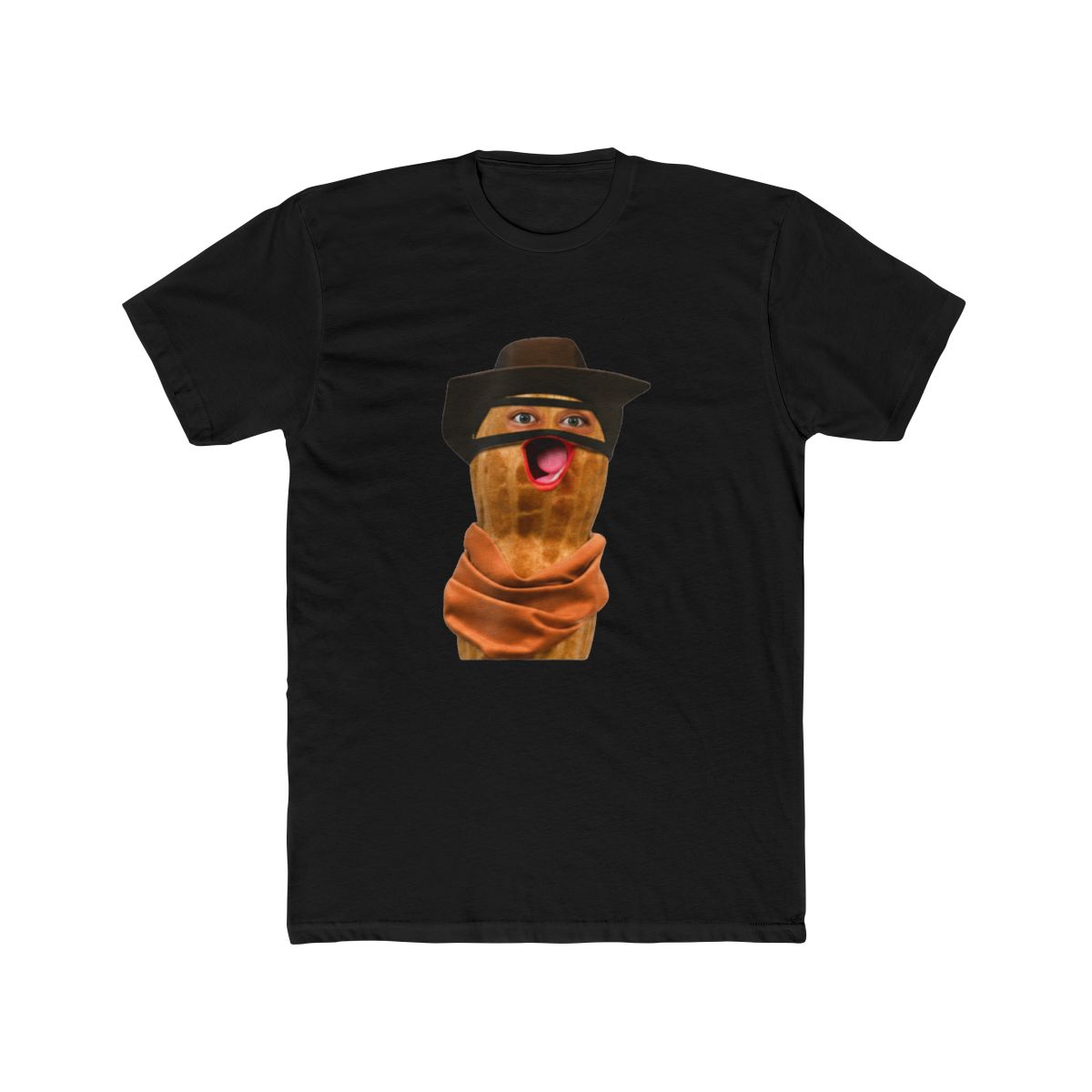 Dark grey T Shirt with the text "goop goop goop" in orange. The shirt features a cartoon peanut wearing a cowboy hat and scarf. A silver necklace with a small pendant is on the shirt
