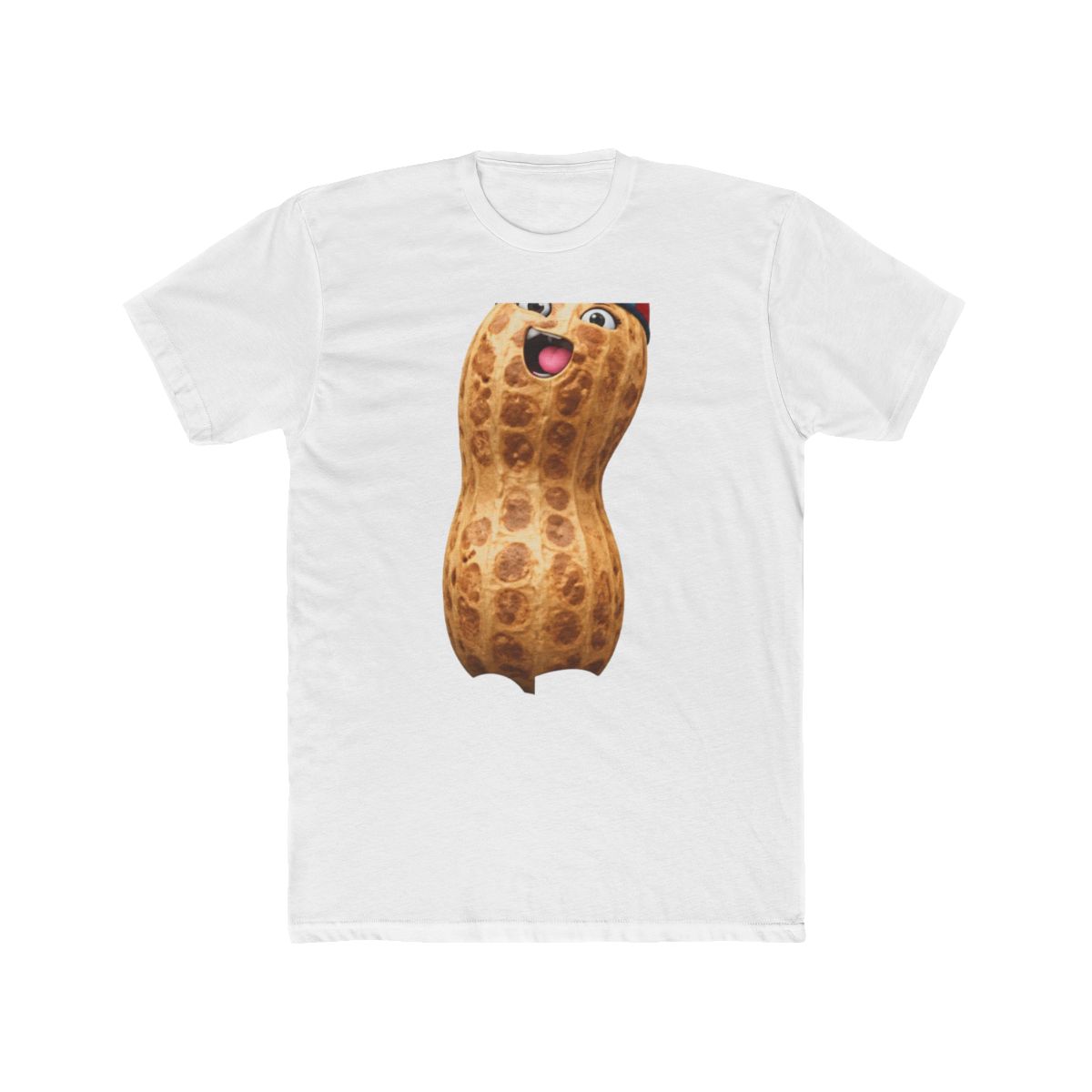Navy blue T Shirt featuring a cartoon peanut character with a colourful hat and pink mouth. The text "He's STUPID! HOORAY!" is printed above and below the peanut illustration. The shirt is worn by a...