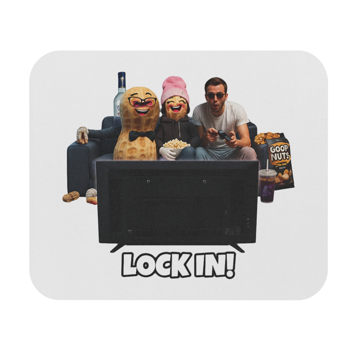 Black rectangular mousepad with the text "TIME TO GOOP!" at the top and "LOCK IN!" at the bottom. The image features a person and two anthropomorphic peanuts watching TV. A bottle and snacks are on...