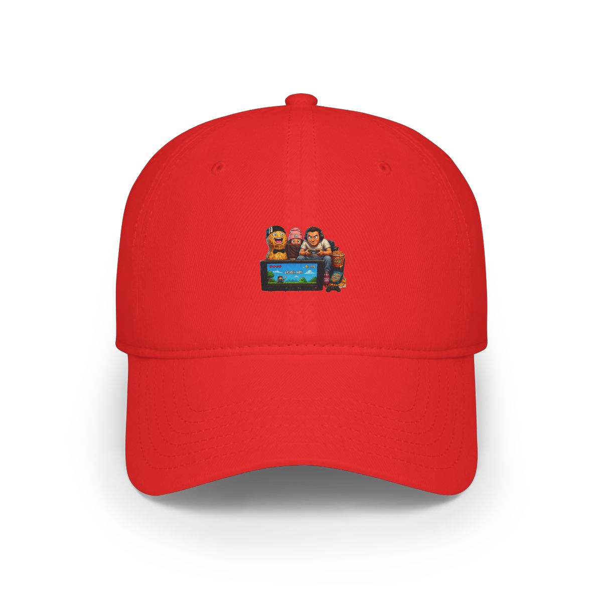 A Hats with the text "TIME TO GOOP!" above and "LOCK IN!" below. The image features a person playing a video game, a person wearing a pink hat, and a peanut character. A TV screen is in the foreground