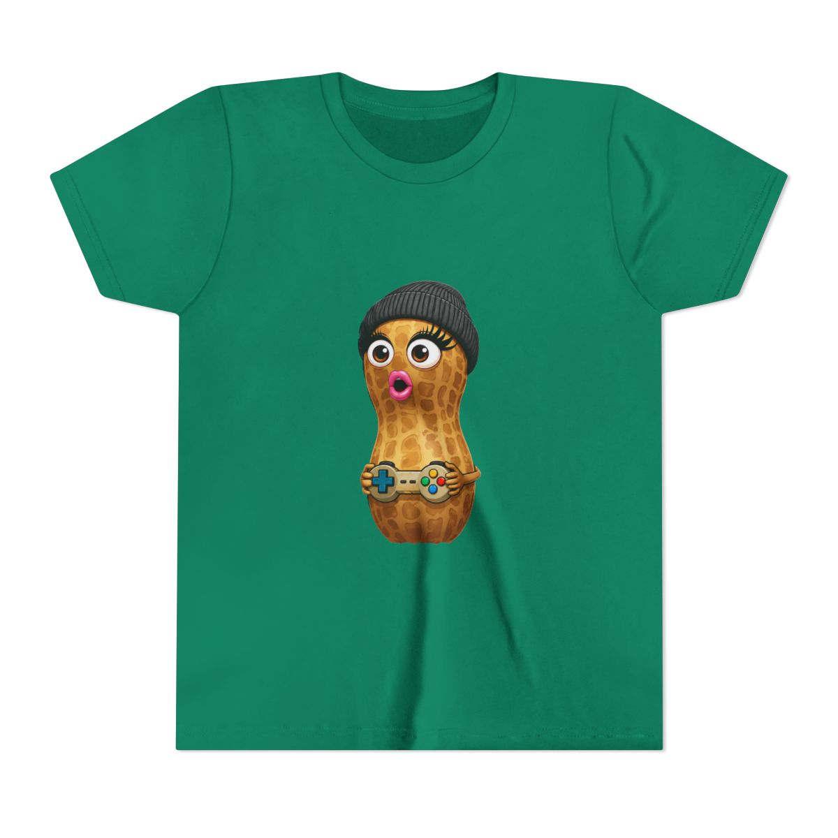Black t-shirt with a cartoon peanut character wearing a beanie and holding a game controller. The peanut has large eyes and a surprised expression. Text on the shirt reads "Uhm.. Excuse Me?!" (Kids)