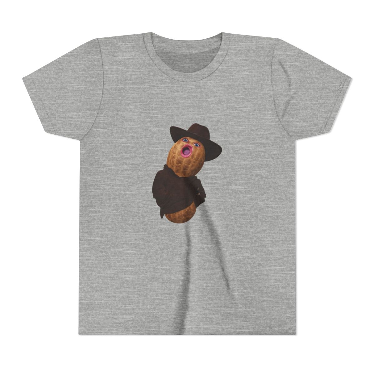 White T Shirt with a comical graphic of a peanut dressed in a cowboy hat and brown jacket. The peanut has a surprised expression with its mouth open. The design is centered on the front of the shirt (Kids)